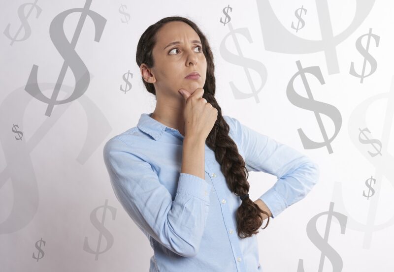 woman, thinking, money